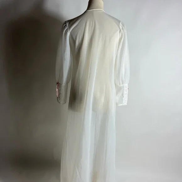 VINTAGE Ivory Peignoir Sheer Puff Sleeve Pink Floral Embroidery Small
